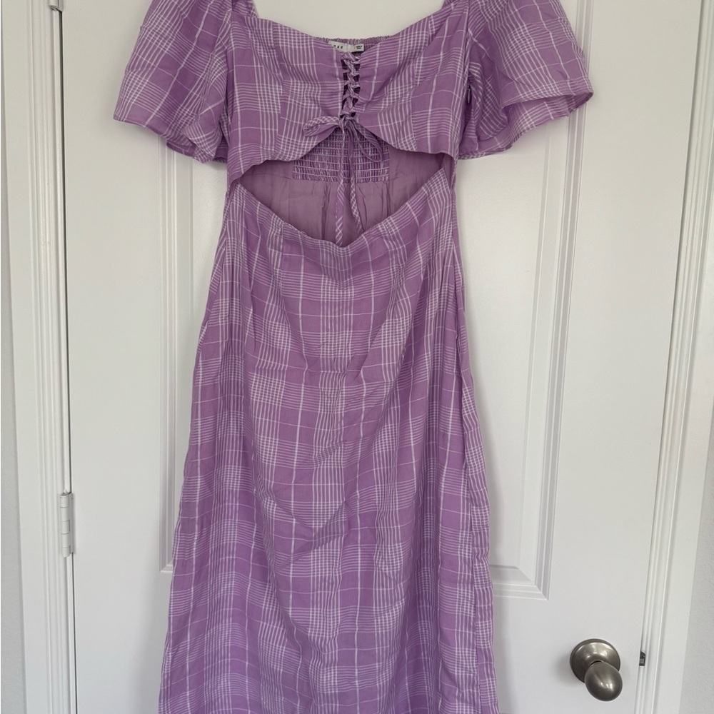 Lavender Plaid Off-Shoulder Dress